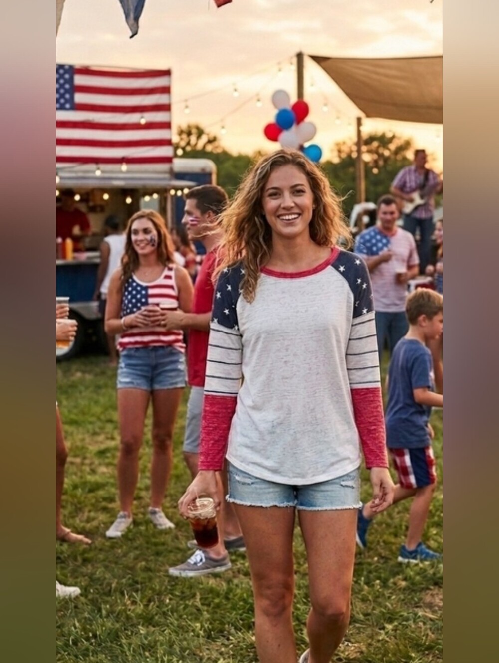 24/7 Maurices Women's Red, White & Blue Raglan Star Sleeve Sweatshirt